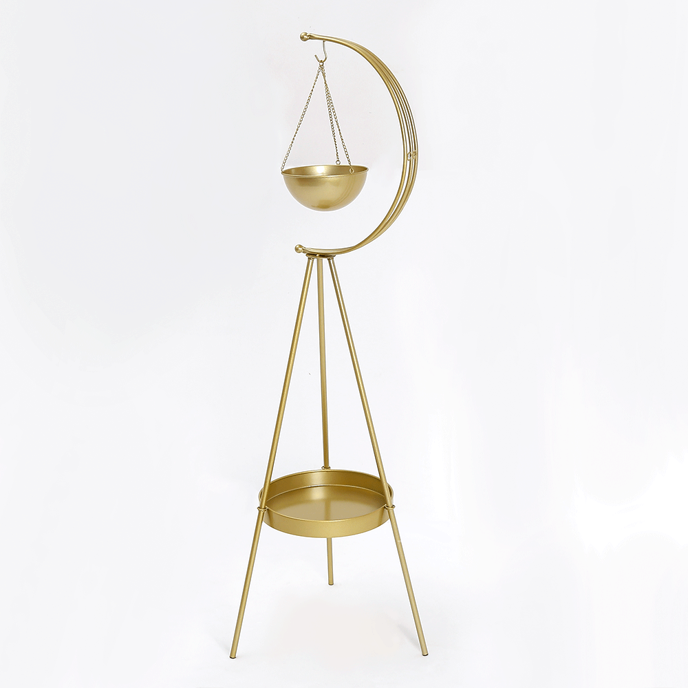 HalfMoon Plant Stand with Shelf in Gold Modern End Table